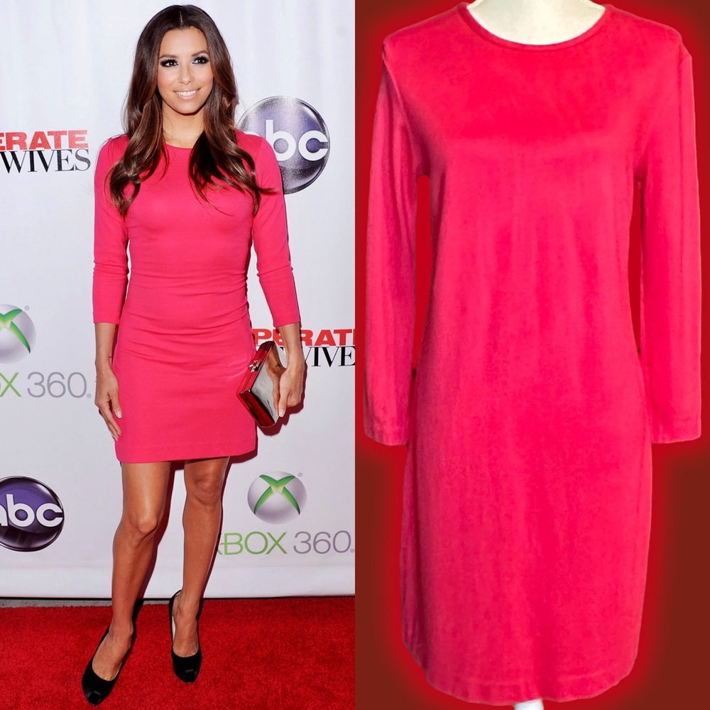 Ann Taylor Hot Pink Ponte 3/4 Sleeve Back Zip Sheath Dress Sz 6 ASO Eva Longoria